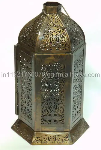 Metal Moroccan Lantern Pillar Candle Holder Lamp Luxury Hanging Copper Antique Blue Glass Lanterns for Home Decoration