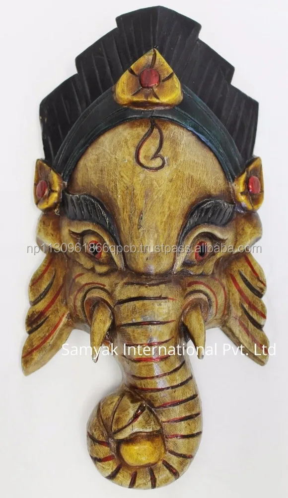 Hand Crafted Wooden Mask of Hindu Lord Ganesh Wall Hanging Made In Nepal