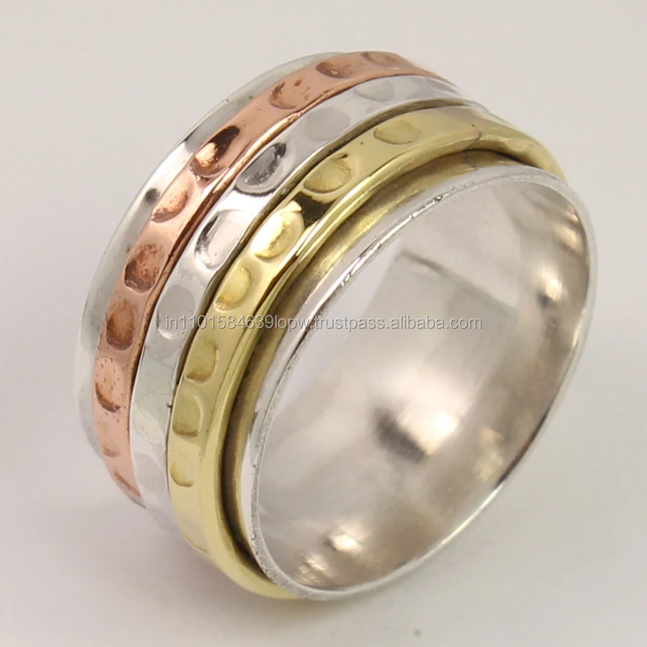 Trendy Ring All Size THREE TONE Spinner 10 mm Wide Band 925 Sterling Silver ! Manufacturer