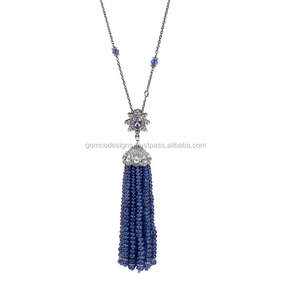 
925 Sterling Silver Tassel Necklace 18k Gold Blue Sapphire & Tanzanite Gemstone Diamond Designer Handmade Jewelry 