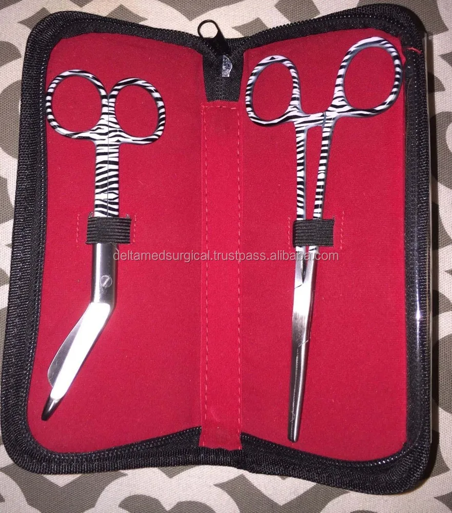 NEW Hemostats Forceps Bandage Scissors Set Pink Zebra Straight Tip Clamps Case