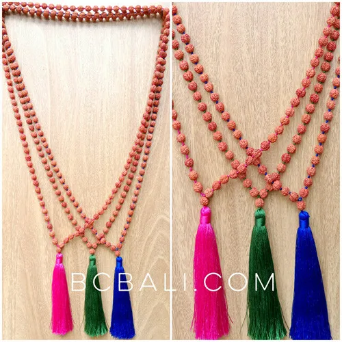 organic wood rudraksha strand necklaces tassels yoga handmade