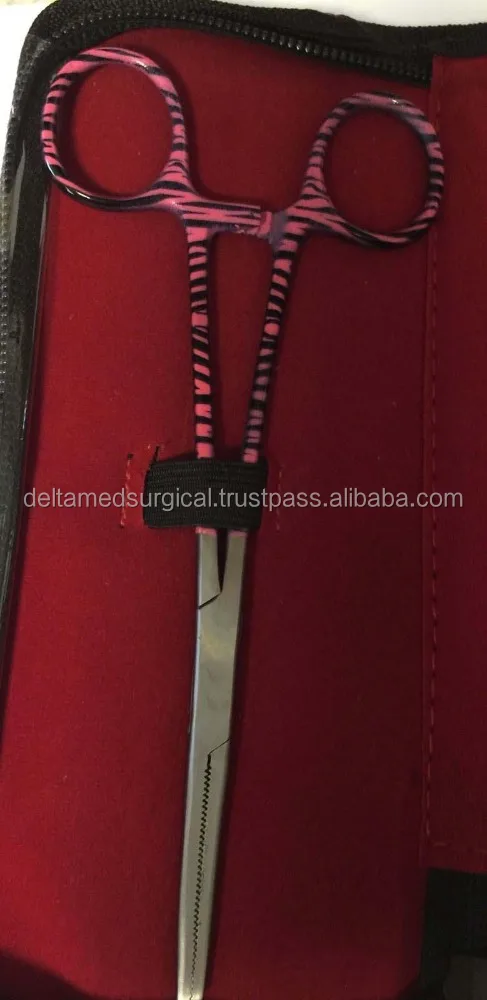 NEW Hemostats Forceps Bandage Scissors Set Pink Zebra Straight Tip Clamps Case