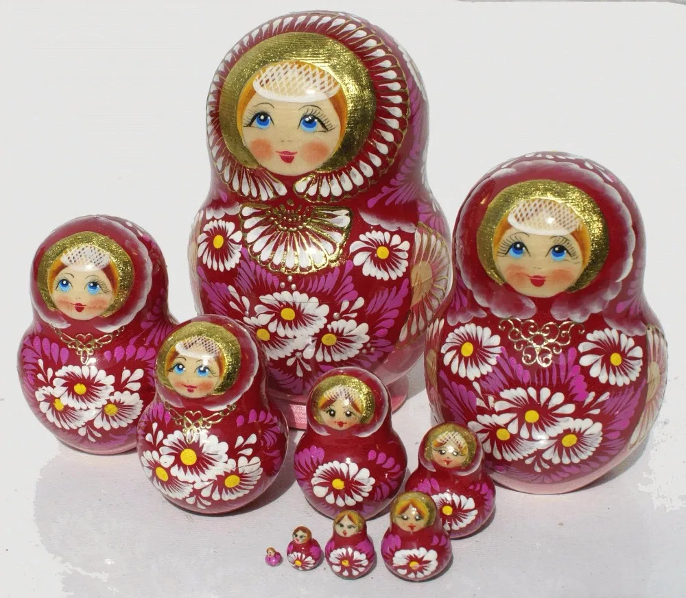 Vinous Color Chamomile Matryoshka Russian Wholesale Wooden Dolls With Smaller Dolls Inside Game Toys Set 10pc
