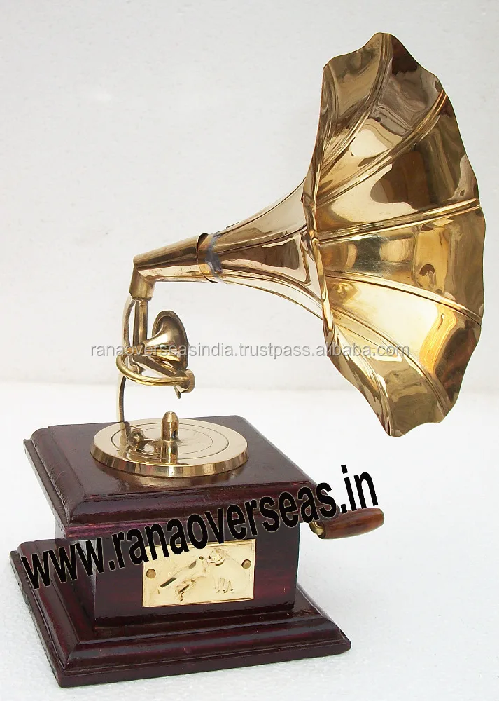 Wooden Brass Inlay Gramophone With Square Based