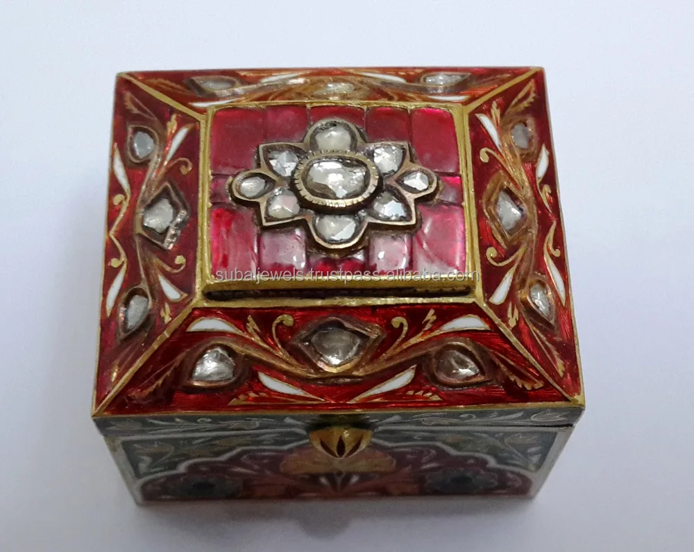 24Kt Gold Kundan Ancient Box With Natural Ruby Diamond Polki & Enamel for showcase multipurpose 57 grams