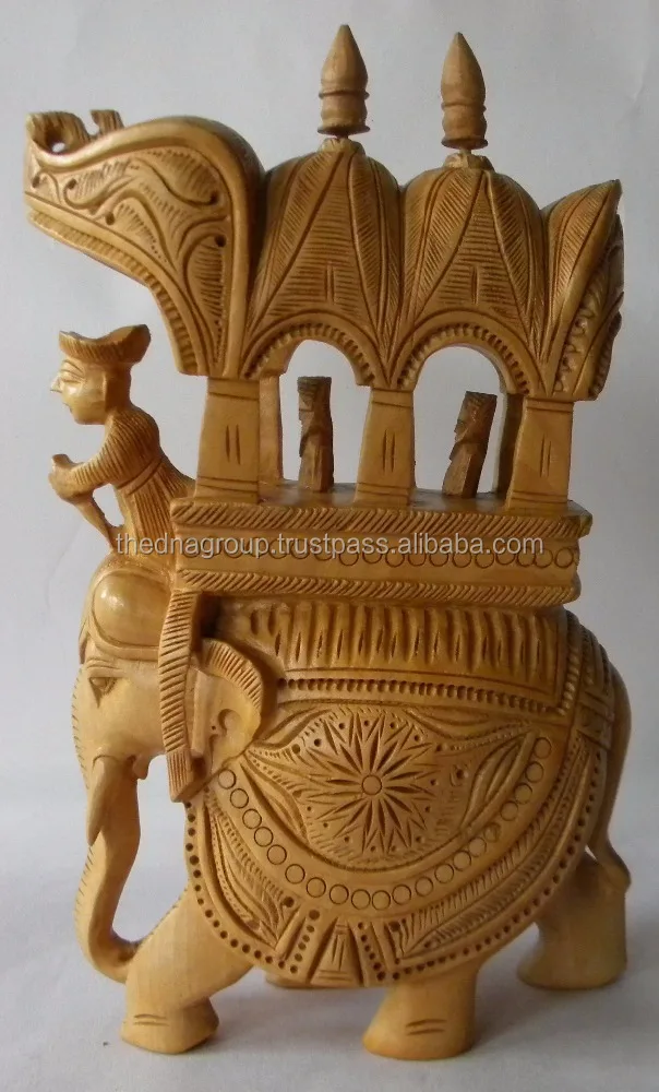 Indian Athenic Wooden Handmade Carved Elephant Souvenirs - As Royal Rider Sitting in the Palanquin - Sculpture
