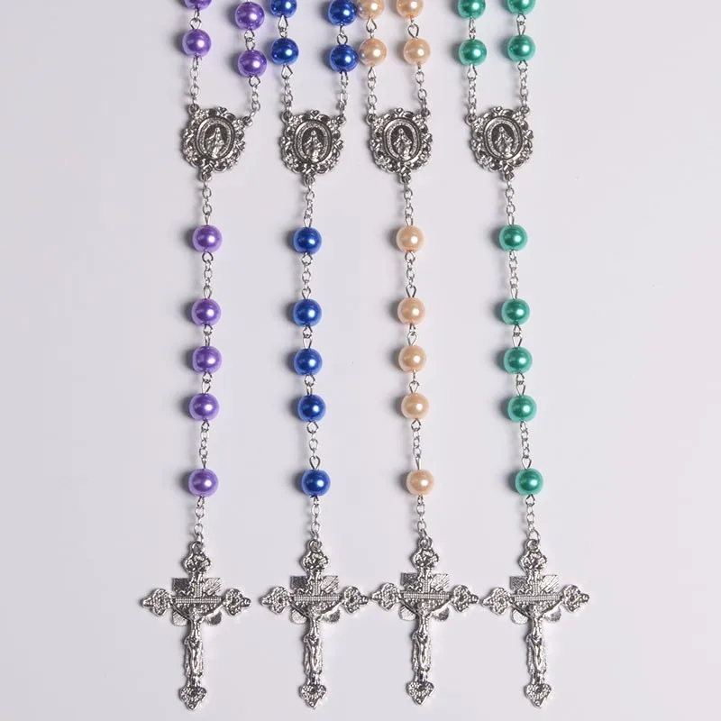 Handmade 8mm Green Blue Pink Color Imitation Pearl  Rosary for Catholic Prayer