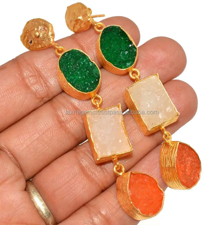 Three color Green White and Orange Wholesale Druzy Handmade 925 Silver Gold Plated Earrings Jewelry