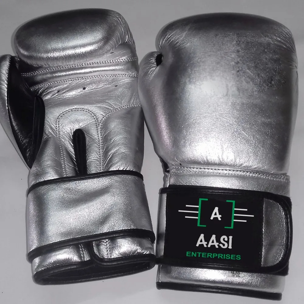 Professional Shine Boxing Gloves For Fight Cowhide Leather Metallic silver Glove