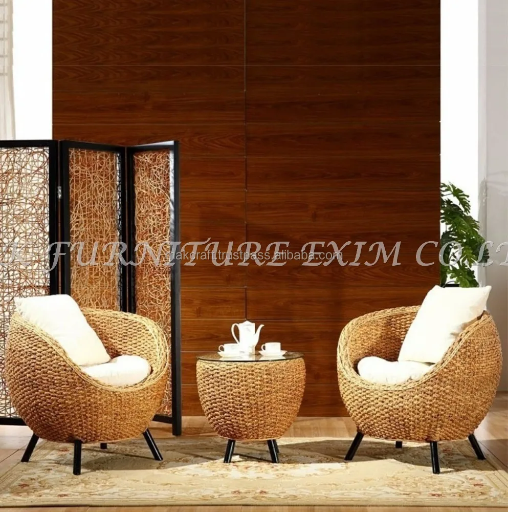 Water Hyacinth Dining table and chairs - indoor solid wood dining table and 2 round chair set furniture