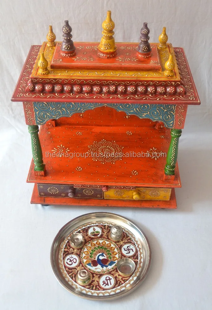 Beautiful Handpainted wooden temple pooja mandir With 2 Drawer High quality hand carved wooden temple for office