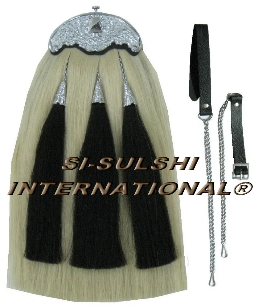 SI-WHITE HORSE HAIR LONG SPORRAN ( 100% Original ) with THISTLE CANTLE