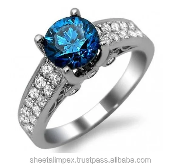 Sheetal Impex 1.32 Ctw SI Clarity Blue Color Round Shape Real Natural Diamonds Studded 14 Kt White Gold Fancy Color Diamond R