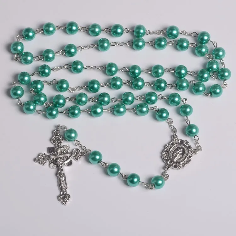 Handmade 8mm Green Blue Pink Color Imitation Pearl  Rosary for Catholic Prayer