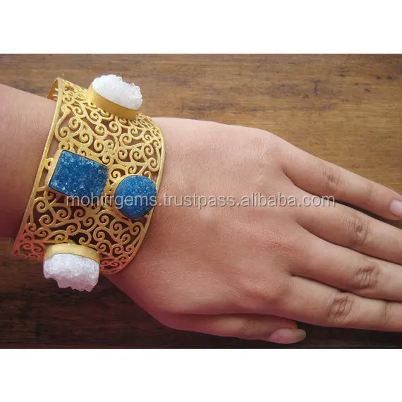 Dark Blue and White Druzy Cuff Bracelet with Intricate Handcrafted Filigree, Statement Gemstone Bracelet