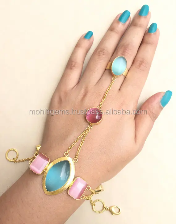 Pastel Shades - Multi Color Beach Hand Harness, Chalcedony Chain Bracelet, Ring Bracelet, Gold Chain Ring