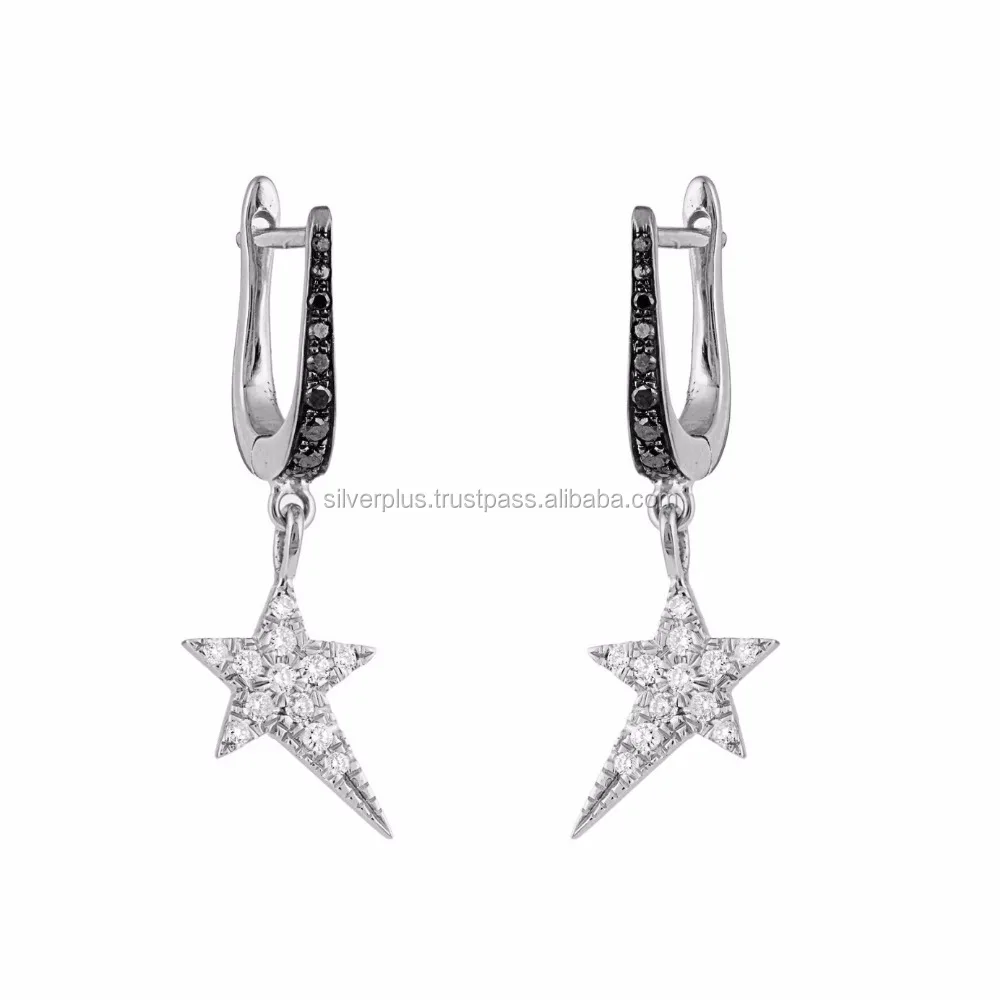 New Collection 14k Gold Black and White Diamond Pave Star Huggie Earrings At Wholesale Price