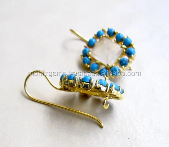 Natural Moonstone Cluster Earrings with Turquoise White and Blue Delicate Dangle Earrings