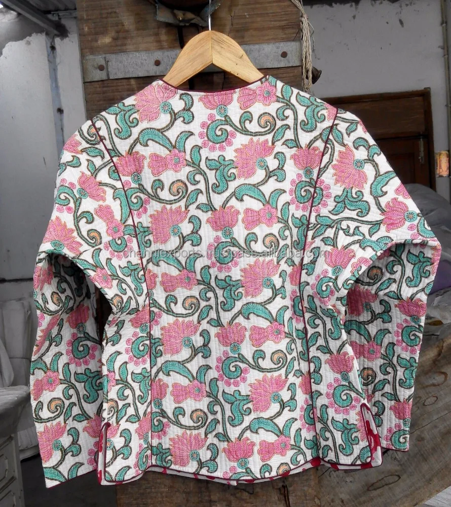 Luxurious Hand Block Printed Fabric Cotton Quilted Jackets With Matching Lining Inside & Long Sleeve Coat For Winter Women Wear