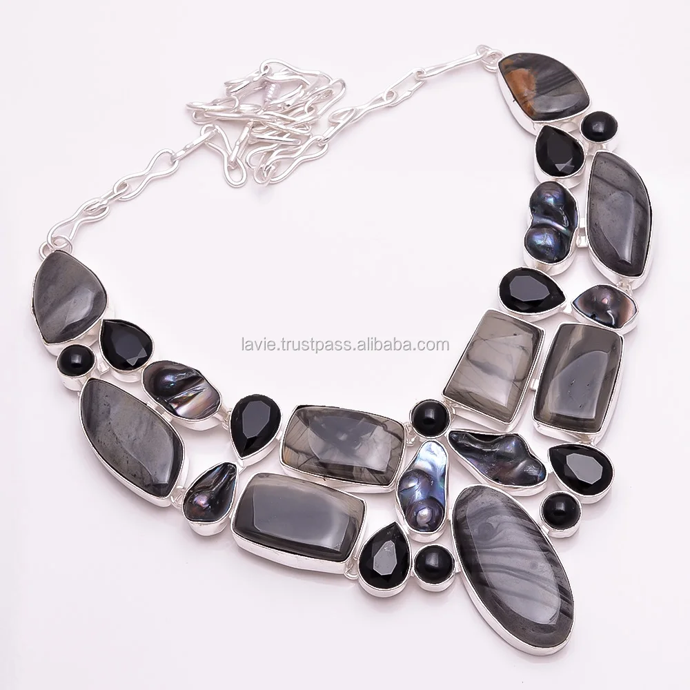 925 Sterling Silver Gemstone Necklace, Natural Black Onyx Jasper Gemstone Jewelry, Unique Gemstone Jewelry manufacturer
