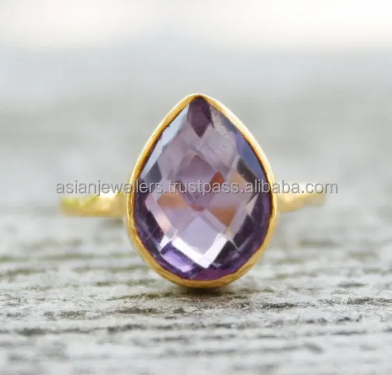 Amethyst Gemstone 925 Sterling Silver Hammered Finish Gold Vermeil Handmade Jewelry Fine Ring