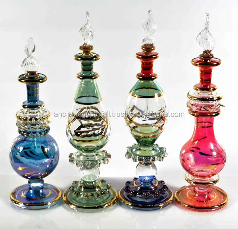 Egyptian Blown Glass Perfume Bottle with 14 k Gold