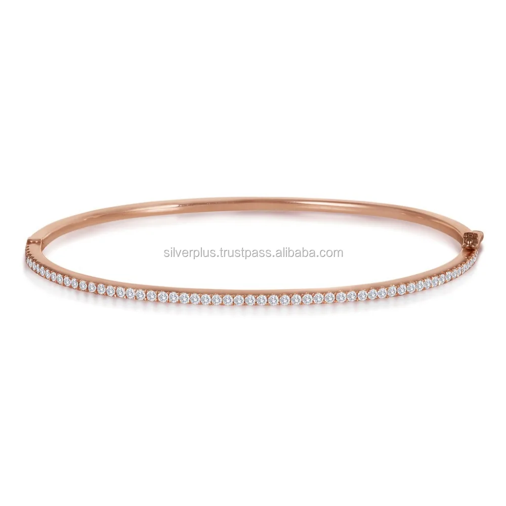 Best Selling 18kt Solid Rose Gold Single Row Pave Diamond Sleek Bangle Bracelet Gold Diamond Jewelry