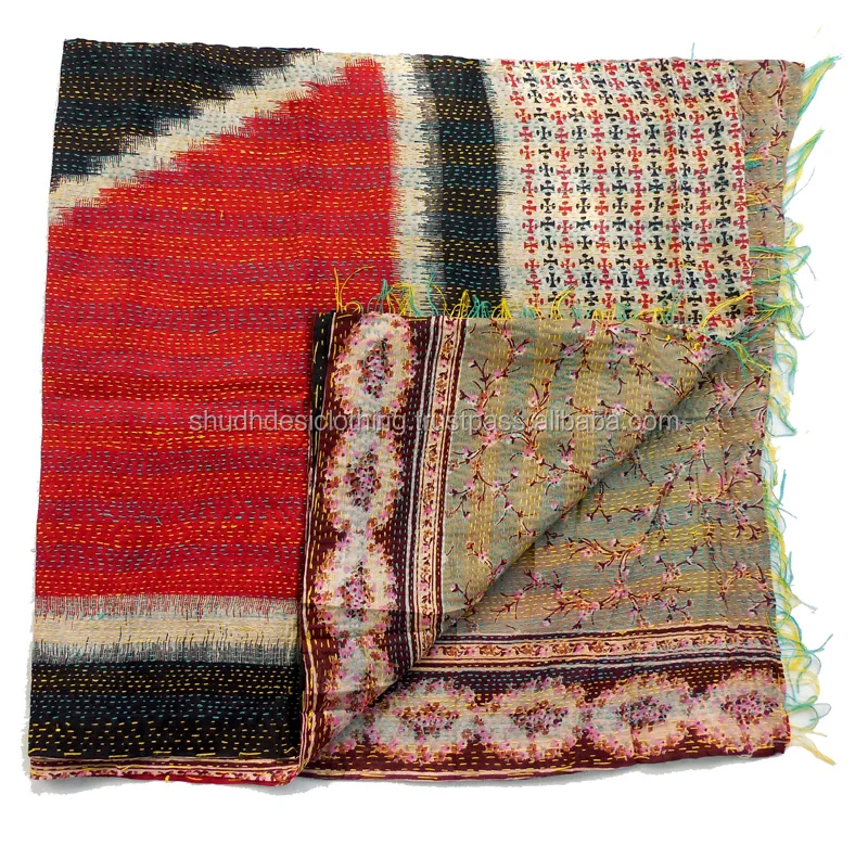 New Indian Printed Kantha Stole Silk Scarves