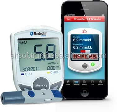 Bluetooth Low Energy Glucometer, 10 sec Glucose Measurement, 30 sec Cholesterol Measurement, SIFGLUCO-3.1
