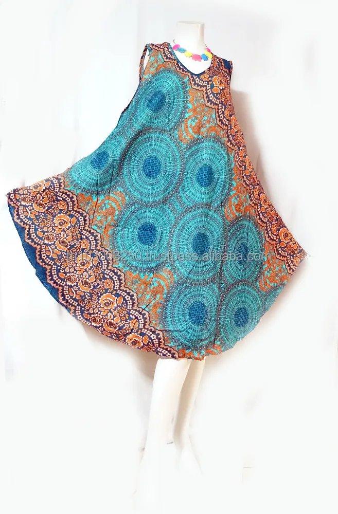 vintage retro thai style HIPPIE BOHO umbrella rayon dress mandanla print polka dot butterfly bat wing kaftan tank umbrella dress