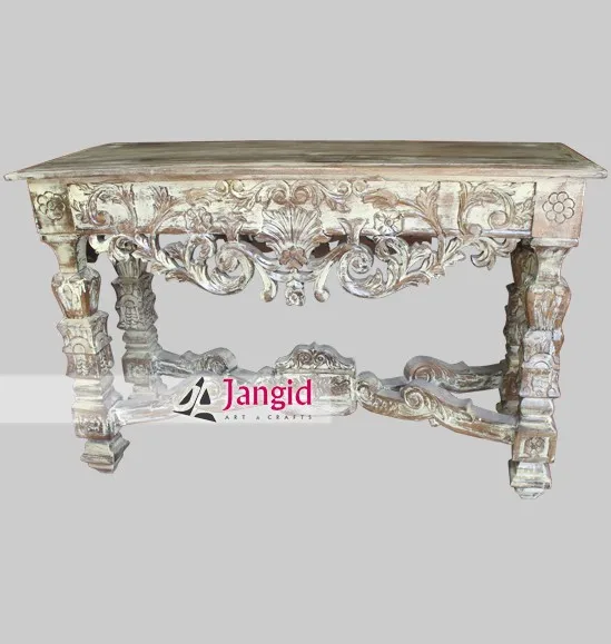 white washed hand carved indian console table