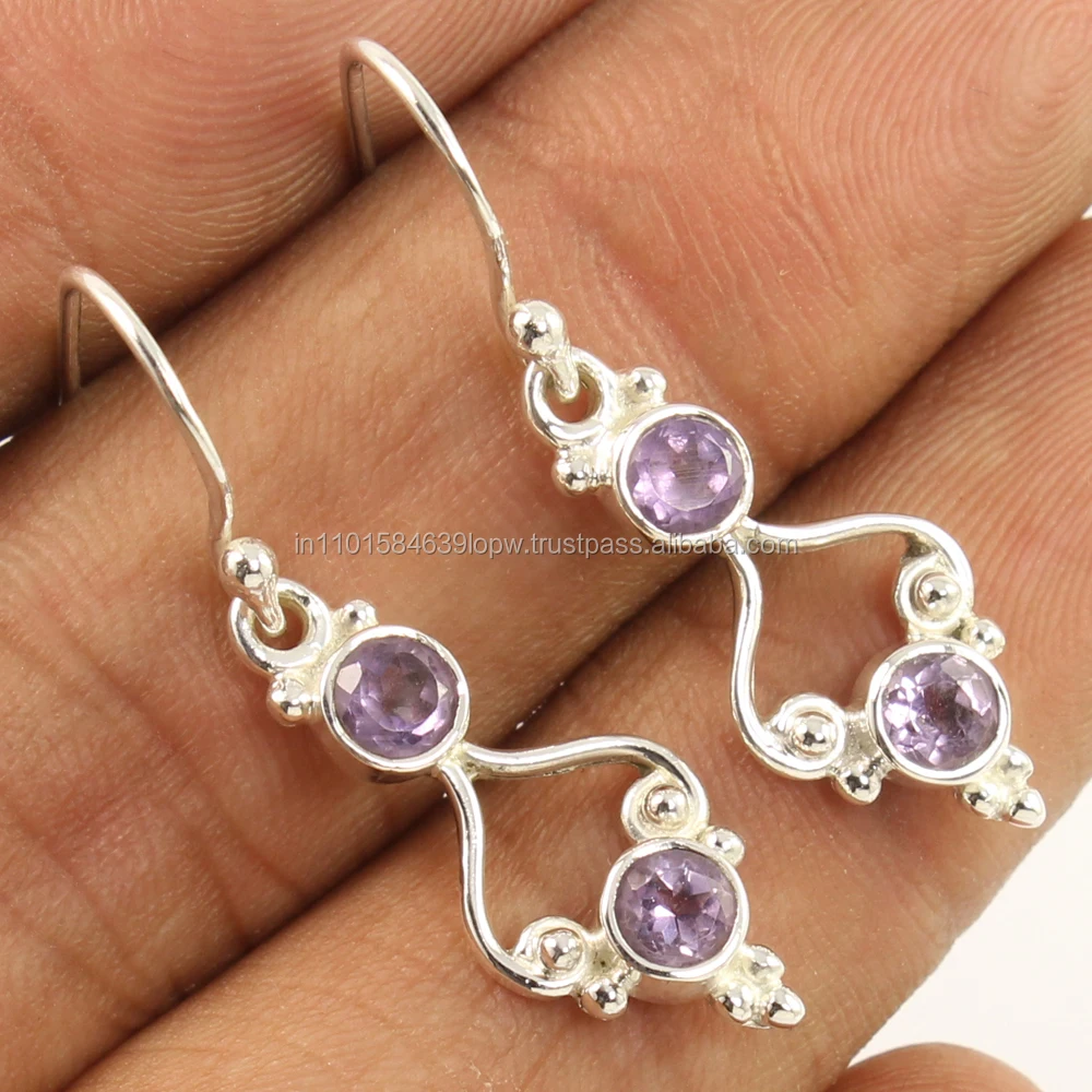 2 Stones Design Earring For Women 1 3/8 Inches Long 925 Sterling Silver Jewelry Natural AMETHYST Gems Chandelier Earrings