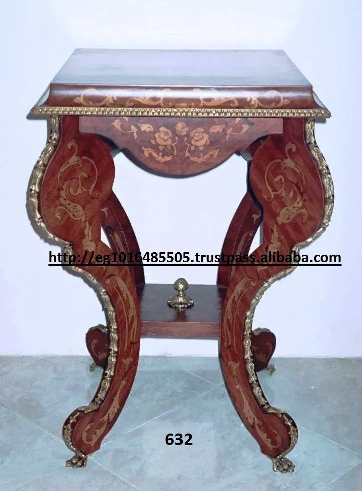 
antique side Table , inlaid with brass , top marquetry 