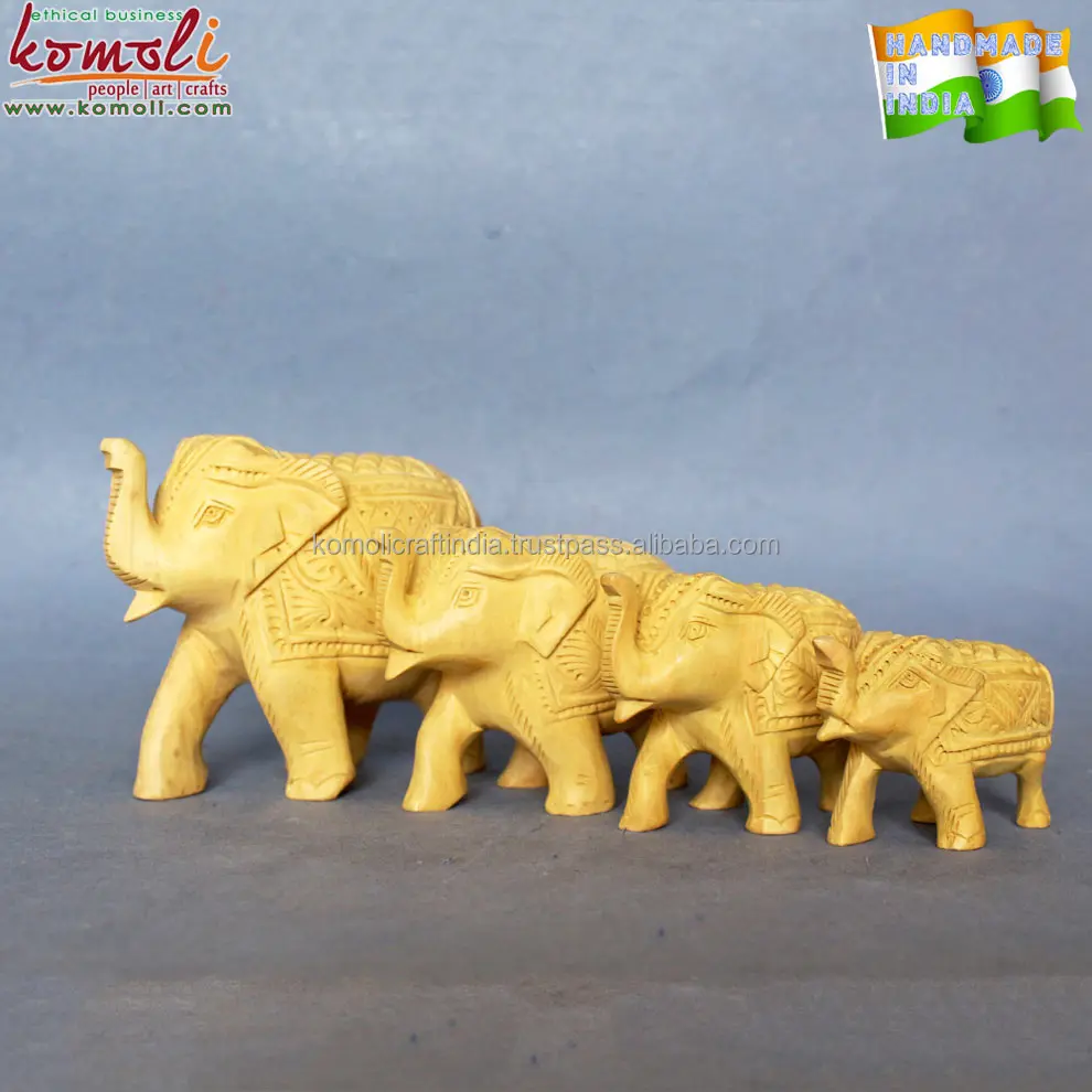 Set of 4 Indian souvenir wood carving hand carved elephants woods crafts