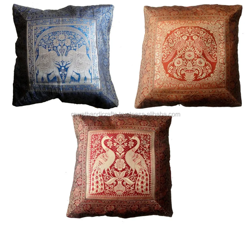 Traditional Ethnic Indian Elephant Embroidered Silk Rust Throw Cushion Pillow Cover Banarasi Brocade Work Wholesale Lot