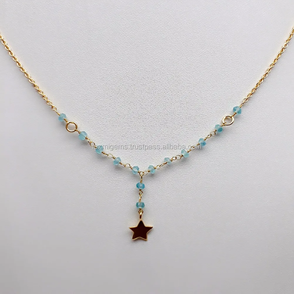 Beautiful Star and 925 sterling silver Rosary Chain Faceted Round Aquamarine Gemstone Beads Necklace