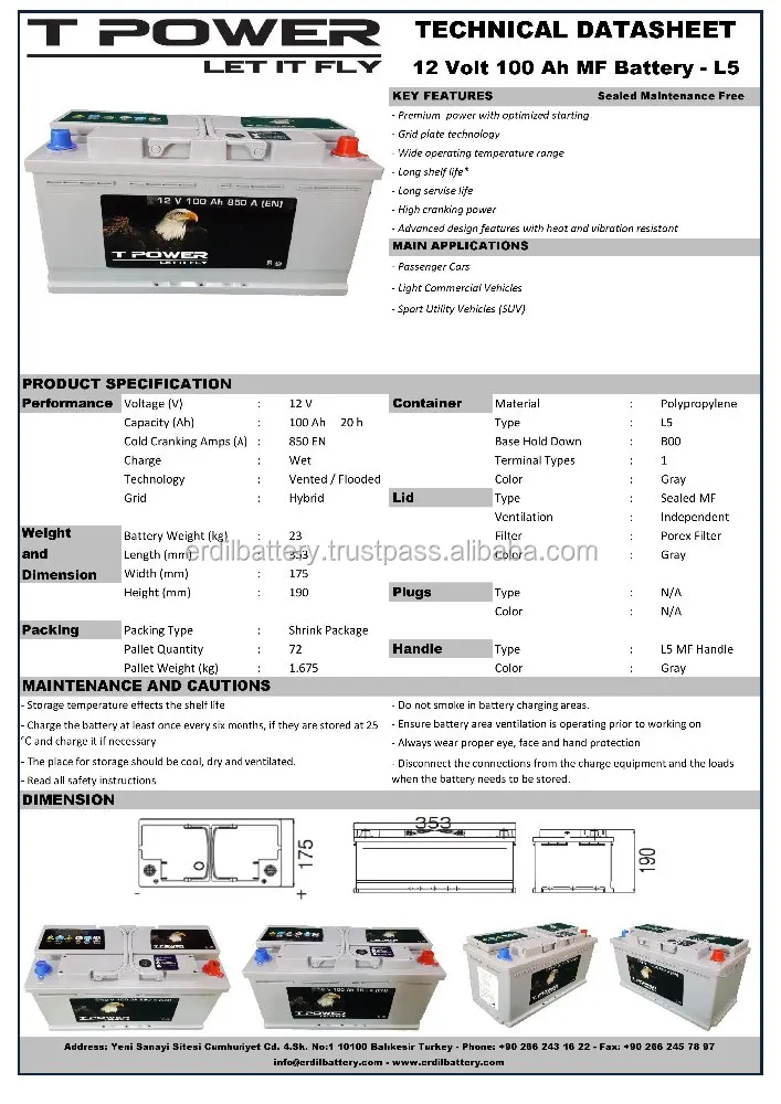 
100 Ah TPower Maintenance Free Cheap Car Battery 