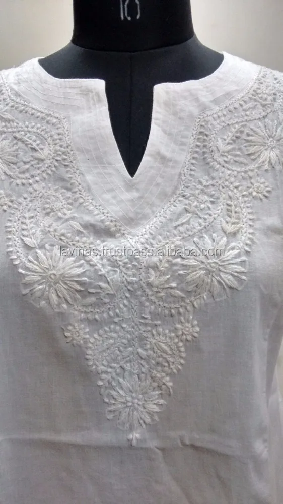 Cotton Chicken Embroidered Women Tunic White Chicken Dress Indian Shirt Top Blouse from Wholesaler
