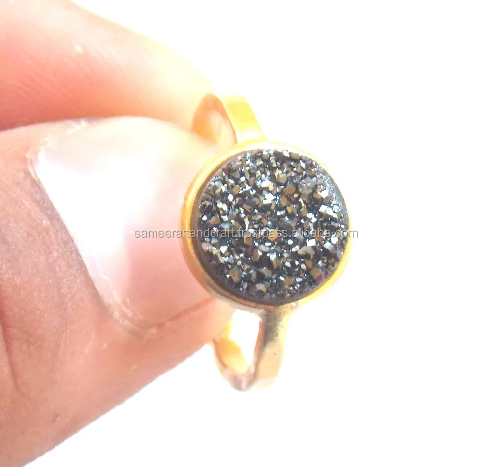 Handmade Gold Plated Natural Gemstone Jewelry Sterling Silver Black Druzy Birthstone Boho Rings For Men Or Women