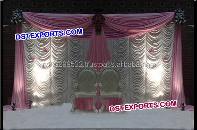 Wedding Stage Lighted Colourful Backdrop Beautiful Pure White Curtain With Pleated Swag Wedding White Backdrop Curtains