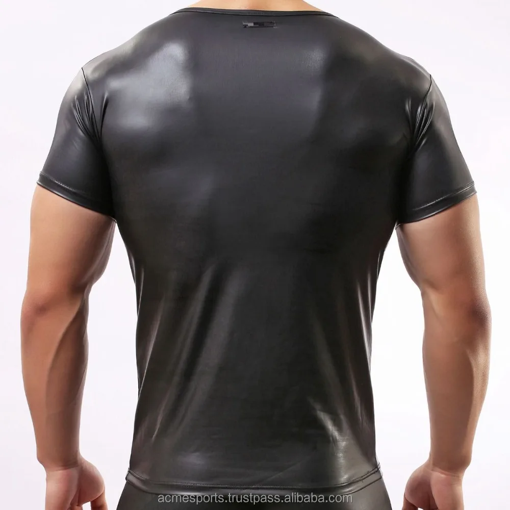 Leather sleeves t shirt - PU sleeve and pocket leather t shirt for men/Custom wholesale T shirts