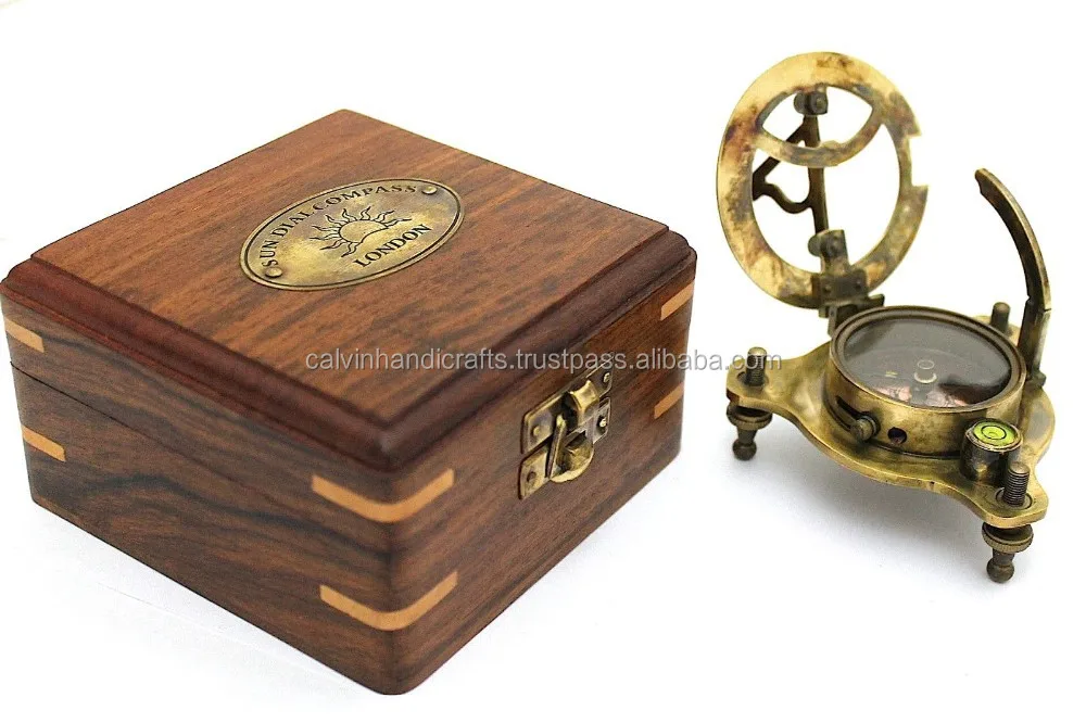 Antique sundial compass - brass sundial compass with box