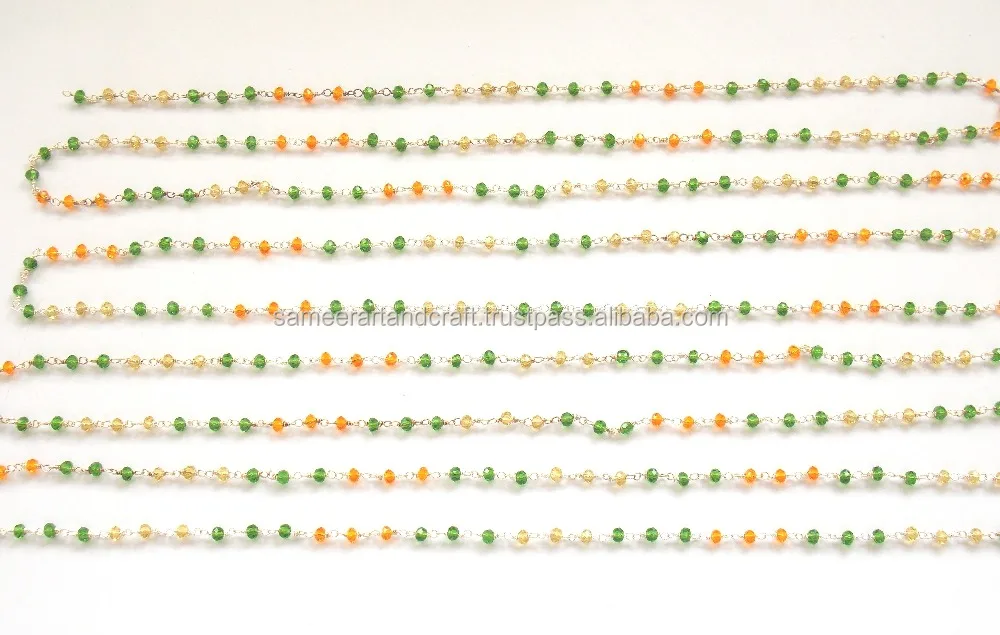 Beautiful Gold Plated 3 - 4 mm Beaded Rosary Natural Multi Gemstone Jewelry Wired wrapped Coin Charm chain