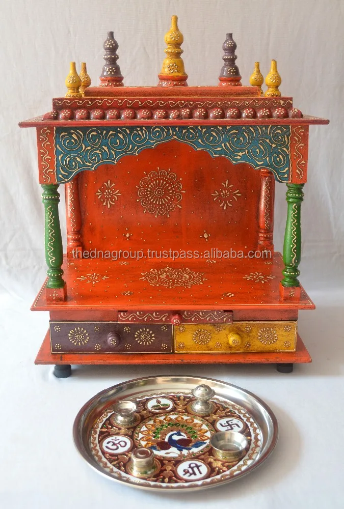 Beautiful Handpainted wooden temple pooja mandir With 2 Drawer High quality hand carved wooden temple for office