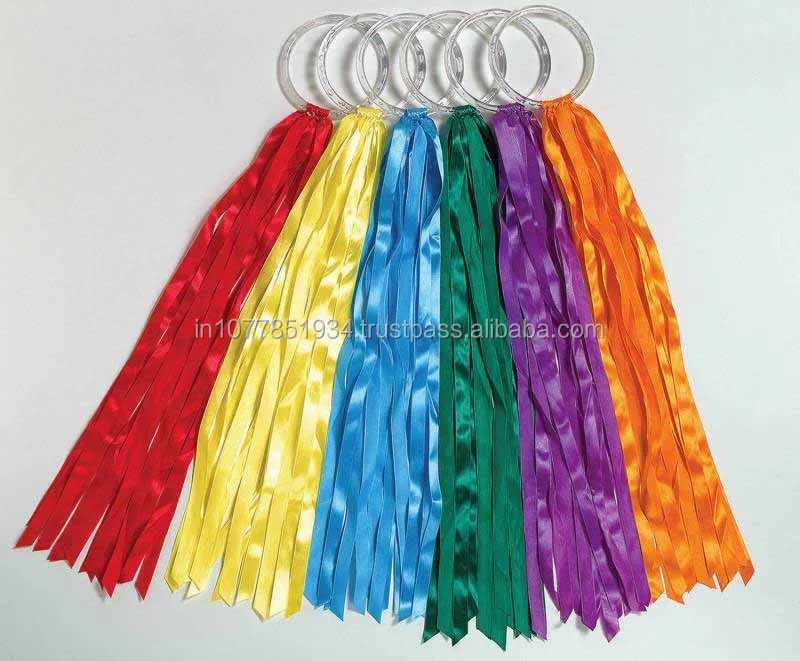 Rhythmic gymnastics ribbon dancing ring with plastic ring and satin rainbow color ribbons for dance and gymnastics