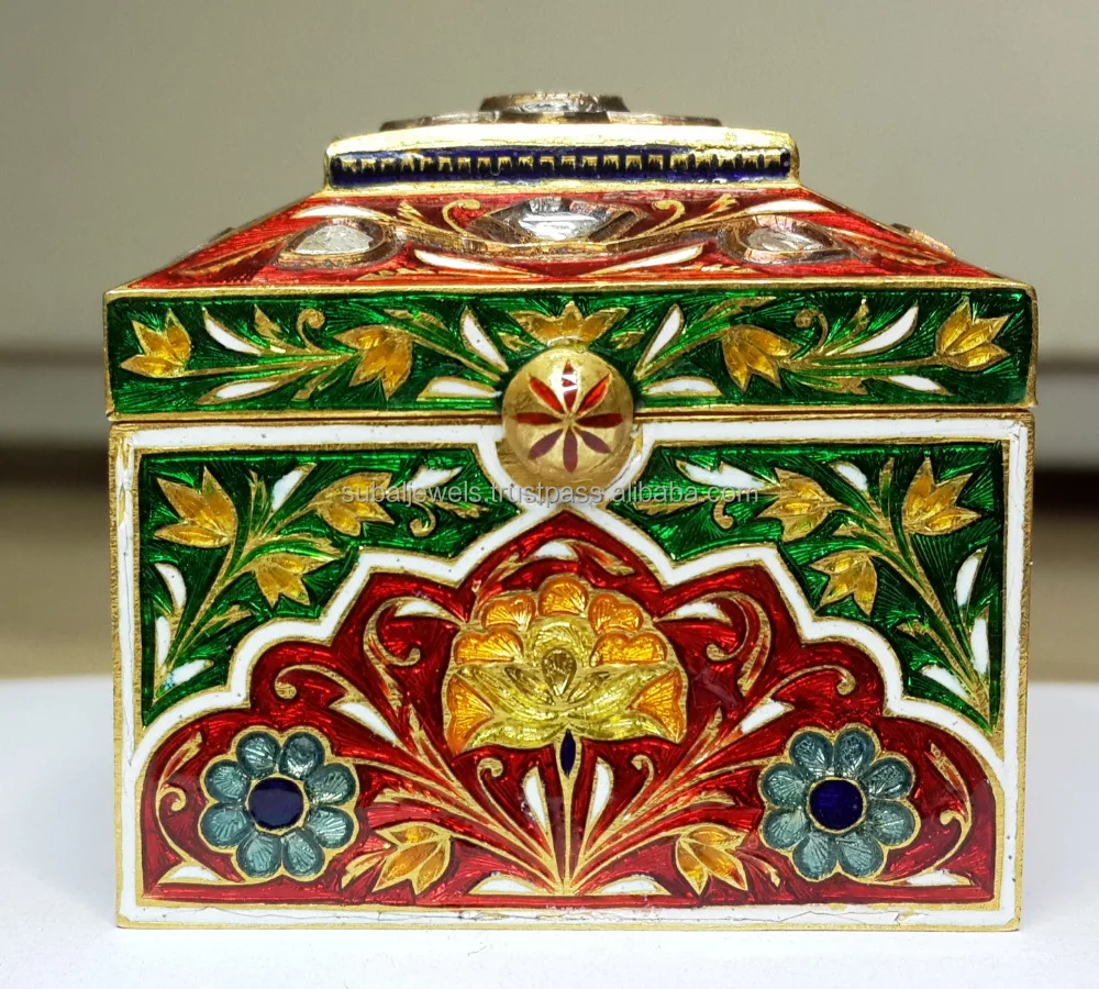 24Kt Gold Kundan Ancient Box With Natural Ruby Diamond Polki & Enamel for showcase multipurpose 57 grams