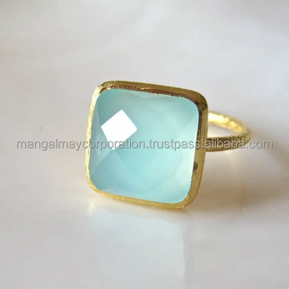 Aqua chalcedony gold plated bezel setting ring for unisex style