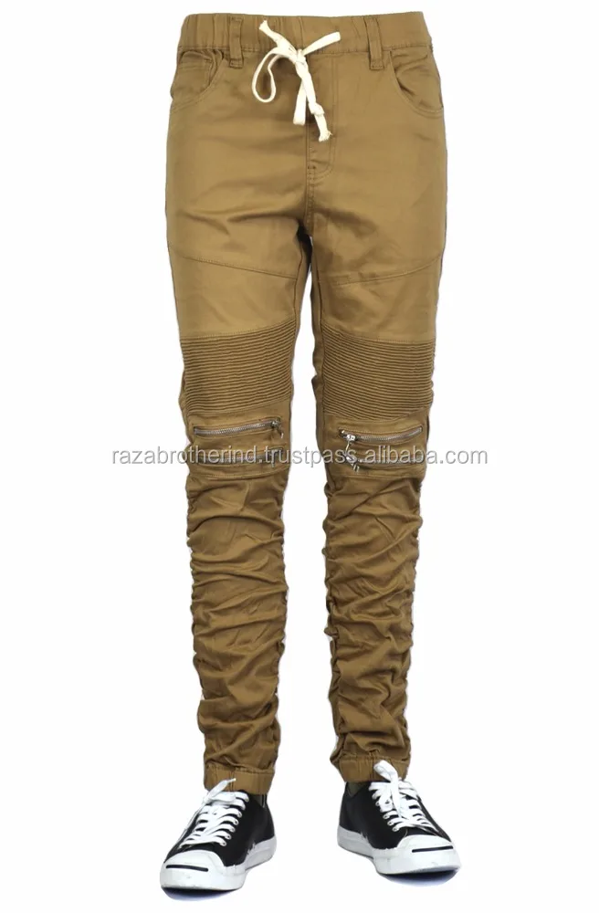 Biker Drop Crotch Side Pocket False Zip Open Knee Side Cotton Jogger Harem Pants
