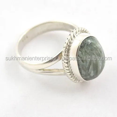 Sterling silver 925 natural green seraphinite single stone classic split band design finger ring eternity vermeil women ring